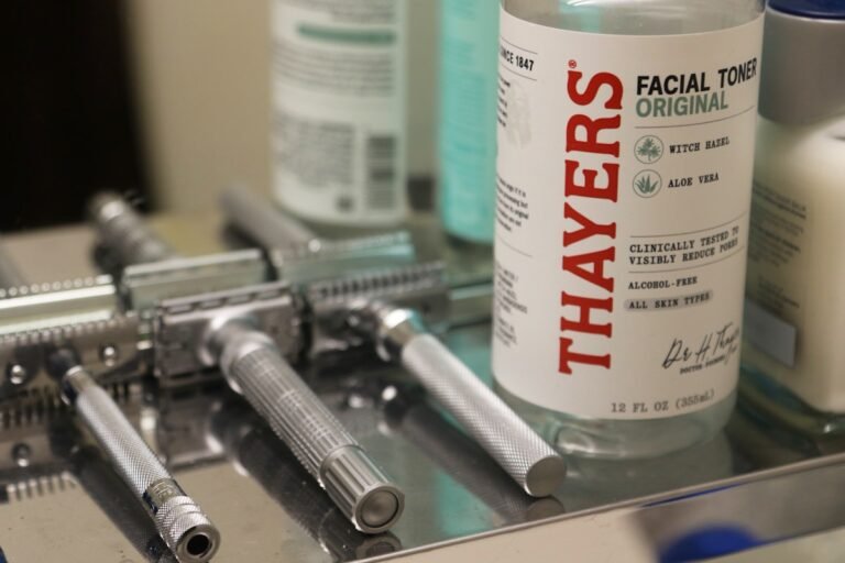 Shaving tools and thayers facial toner on shelf