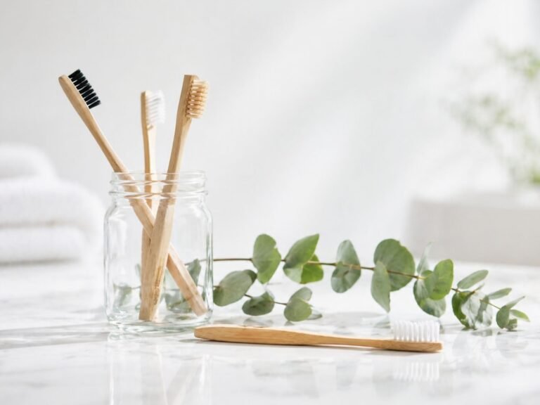Bamboo toothbrushes in a glass jar with eucalyptus leaves