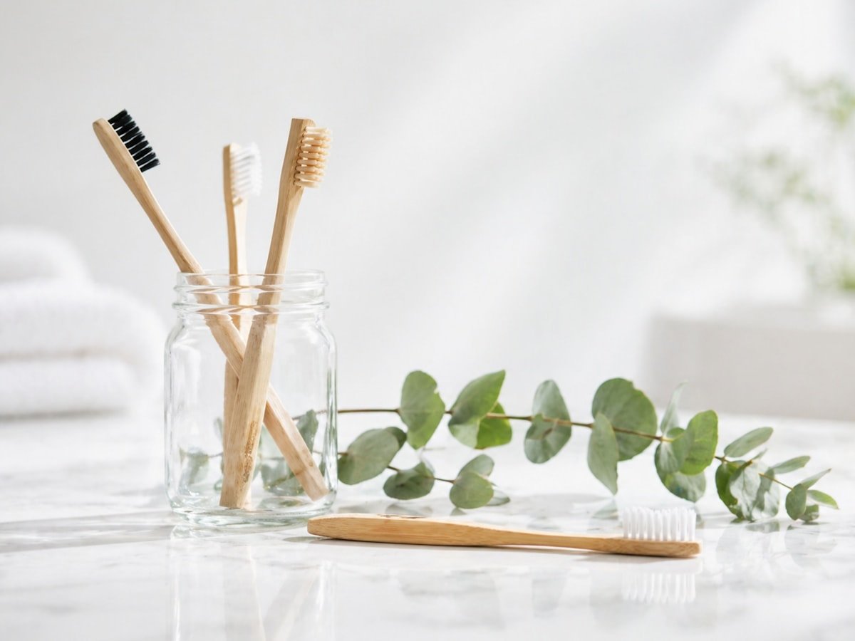 Bamboo toothbrushes in a glass jar with eucalyptus leaves